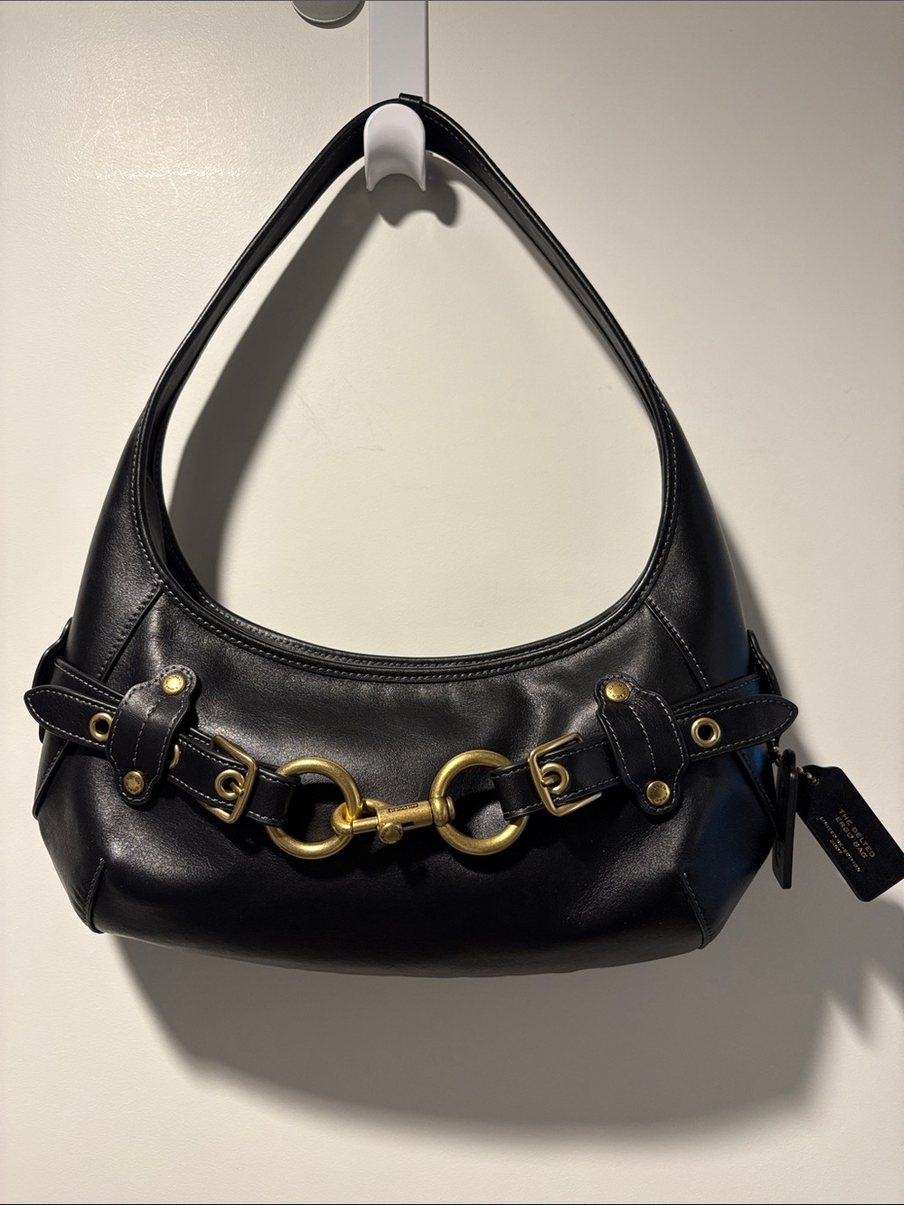 Coach Belted Ergo Black Leather Shoulder Bag with Gold Horsebit Detail
